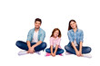 © deagreez - Family of three members sitting floor enjoy best company wear casual clothes isolated purple background