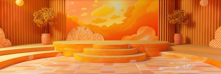 Wall Mural - A game show stage decorated in warm hues of orange and yellow, with a textured wallpaper pattern reminiscent of the 1990s.