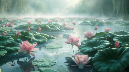 Sticker - Water Lilies in Misty Pond