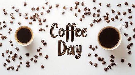 Coffee Day Celebration with Two Cups and Beans