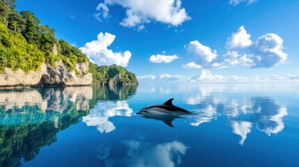 Wall Mural - Dolphin Swimming in Calm Tropical Waters Under Blue Sky