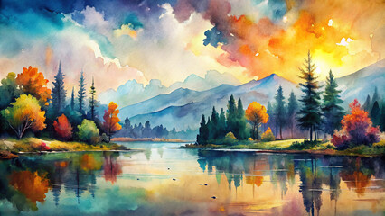 Wall Mural - A vibrant watercolor landscape featuring serene lake surrounded by colorful trees and majestic mountains. scene captures beauty of nature with stunning sunset reflecting on water