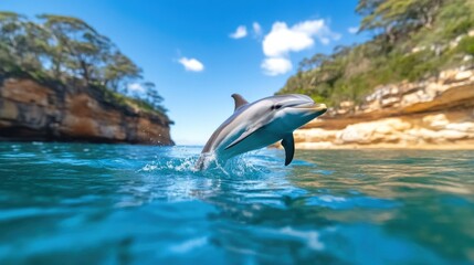 Wall Mural - Dolphin Jumping in Clear Blue Water Under Bright Sky