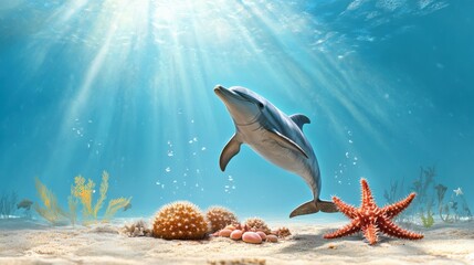 Wall Mural - Dolphin Swimming in Clear Tropical Ocean Water