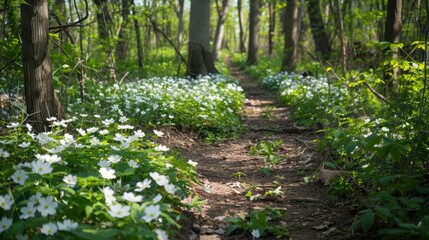 Wall Mural - Forest Path with White Flowers