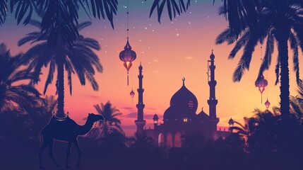 Wall Mural - Silhouette of a Camel and Mosque under a Starry Night Sky