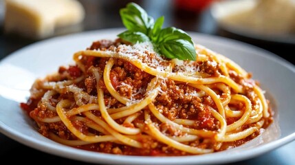 A plate of spaghetti with meat sauce, garnished with basil and grated cheese.