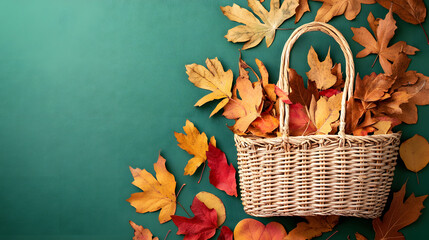 Wall Mural - Autumn composition. Straw bag with autumn dried leaves on green background. Flat lay. Top view. Copy space. Fall season concept. Sustainable lifestyle. Zero waste, plastic free concept.