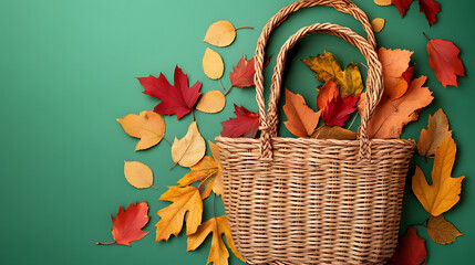 Wall Mural - Autumn composition. Straw bag with autumn dried leaves on green background. Flat lay. Top view. Copy space. Fall season concept. Sustainable lifestyle. Zero waste, plastic free concept.