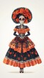 © peerasak - A colorful skeleton figure in a floral dress, adorned with roses, representing traditional Mexican culture and the Day of the Dead celebration.