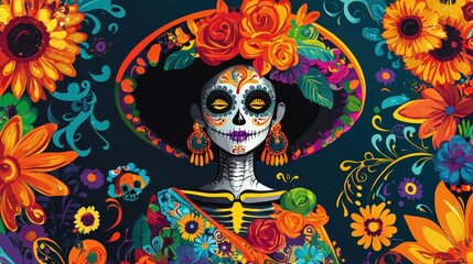 A vibrant Day of the Dead illustration featuring a colorful skeleton adorned with flowers, celebrating life and remembrance.