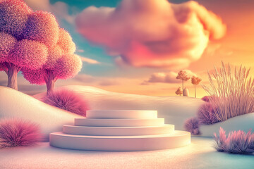 An abstract, elegant podium and product pedestal set in a fairytale landscape, with a soft pastel purple and pink cloud backdrop. 3D rendered.






