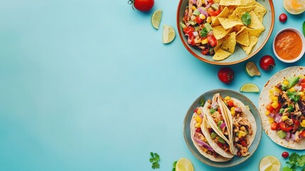 A vibrant display of tacos, salsa, and nachos on a colorful background.