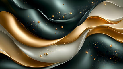 Wall Mural - Abstract Gold, Green, and White Swirling Design with Shiny Bubbles