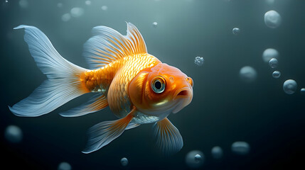 A Close-Up of a Goldfish Swimming in a Tank with Bubbles