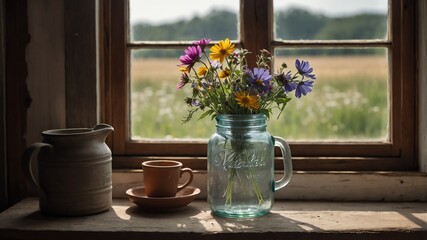 Wall Mural - Jug of wildflowers on farmhouse windowsill background