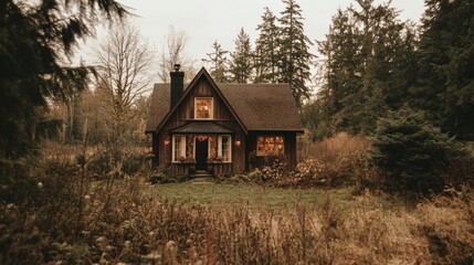 Canvas Print - A house in the middle of a field with trees in the background