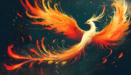 Majestic phoenix rising from ashes, symbolizing rebirth and transformation in vibrant flames