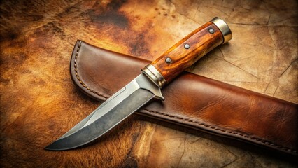 A sharp, stainless steel knife is partially drawn from a worn leather sheath, revealing a hint of its gleaming blade against a muted earthy background.