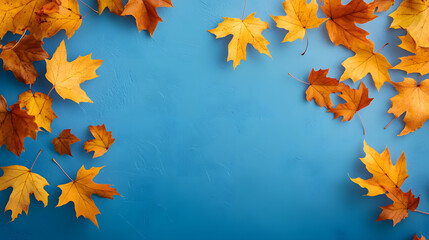 Wall Mural - yellow and orange fallen maple leaves on blue background. abstract autumn natural backdrop. fall sea