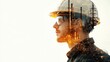© artbot - A double exposure of a worker in a helmet with an industrial background.