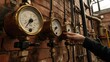 © milanchikov - Mano verificando la lectura de un manómetro en una pared de ladrillo de una sala de calderas, controlando la presión de un sistema industrial.