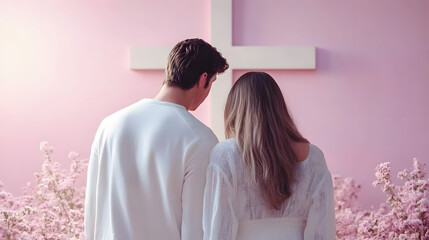 Wall Mural - Back of fashion family couple in white clothes looking at the Cross of Jesus. Church, worship, christianity concept. Men and woman, husband, wife, bride, groom, guy and girl on pastel background