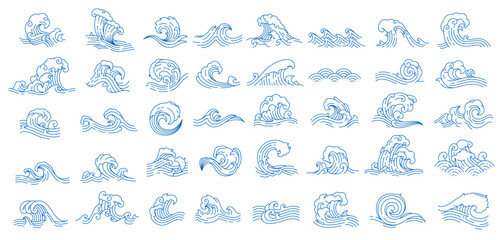 Asian japanese or chinese sea waves, vector oriental art. Vintage asian waves with ocean and sea water flow texture. Blue line splashes and tsunami surf with water swirls and ripples pattern