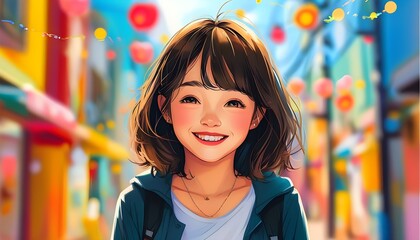 Wall Mural - Cheerful anime girl portrait with colorful background, perfect for wallpaper, highlighting happiness and child development through vibrant art and animation