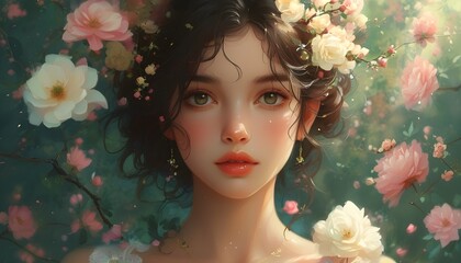 Fantasy floral illustration featuring a woman in anime style, vibrant colors, and surreal elements for captivating digital wallpaper artwork.