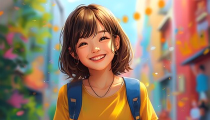 Wall Mural - Cheerful anime girl portrait with colorful background, perfect for wallpaper, highlighting happiness and child development through vibrant art and animation