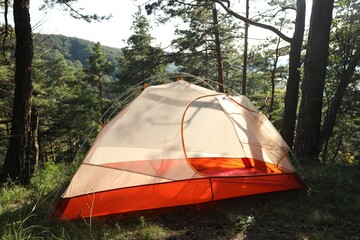 modern camping tent in forest at summer