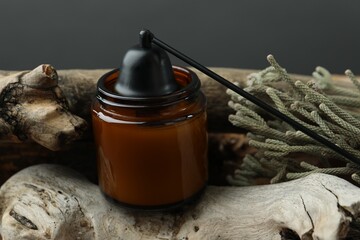 Poster - Candle, snuffer and brunia plants on pieces of decorative wood against gray background