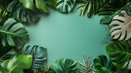 Wall Mural - Tropical leaf frame on green background with copy space. Flat lay. Top view. Summer or spring nature concept. Leaves mock up