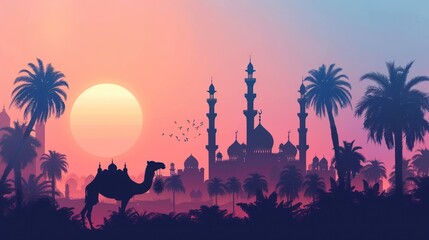 Wall Mural - Sunset Silhouette of a Mosque and Camel