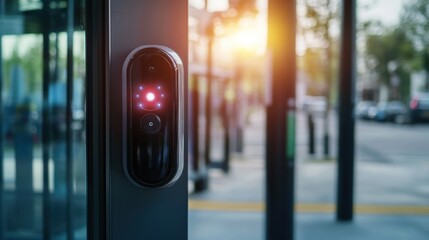 A modern entry system with a digital access panel, illuminated by sunlight.