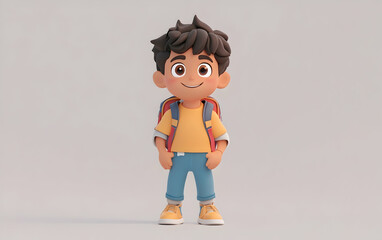 3 d cartoon boy in casual outfit with backpack  