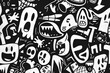 © VICHIZH - Black and white abstract pattern featuring various ghostly figures and expressive faces