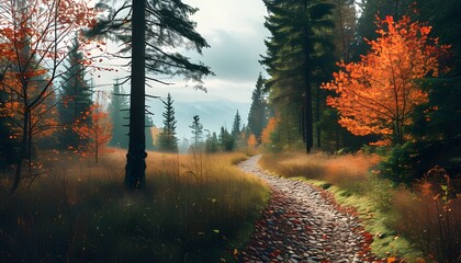 Wall Mural - Tranquil Autumn Forest Pathway Surrounded by Colorful Foliage and Open Space for Text