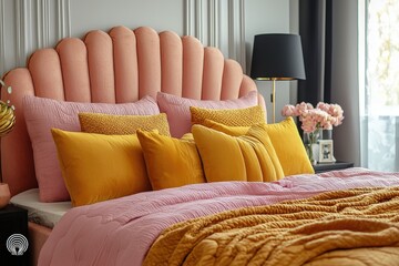 Wall Mural - The cozy bedroom highlights a vibrant pink tufted headboard adorned with an array of yellow and pink pillows. Sunlight streams in, enhancing the warm colors and fresh flowers