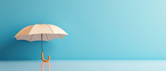 A white umbrella is on a blue wall