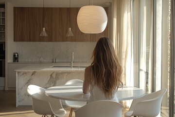Poster - A woman with long hair sits at a round table in a modern kitchen, enjoying the natural light coming through large windows. The space is stylish and serene