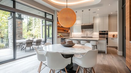 Poster - This contemporary kitchen features a large circular marble dining table surrounded by sleek white chairs, illuminated by a stylish pendant light, with a view of lush greenery outside