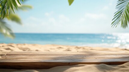 Canvas Print - Rustic Wooden Pedestal with Serene Tropical Beach Backdrop for Product Display