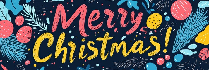 Sticker - A vibrant Merry Christmas greeting is artistically arranged with bright colors and festive elements, celebrating the holiday spirit in a joyful design