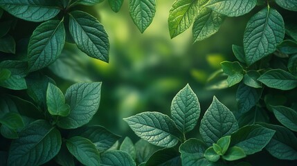 lush green leaves forming natural frame soft focus background environmental concept space for text in center fresh and organic feel