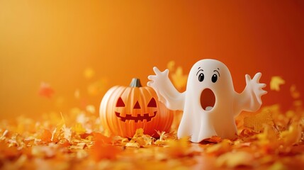 Halloween ghosts with funny pumpkin on orange background Happy halloween holiday concept