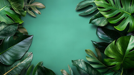 Wall Mural - Tropical leaf frame on green background with copy space. Flat lay. Top view. Summer or spring nature concept. Leaves mock up