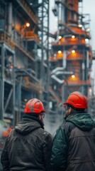 Indoor factory photo shows two diverse workers in safety gear inspecting a large metal structure. Serious atmosphere reflects dedication and responsibility in industrial settings.