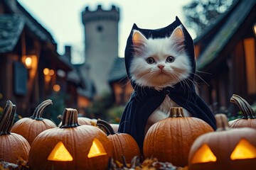 Sticker - A fluffy white cat, dressed in a black cape, poses among carved pumpkins with glowing faces in a charming village. The scene captures the Halloween spirit beautifully